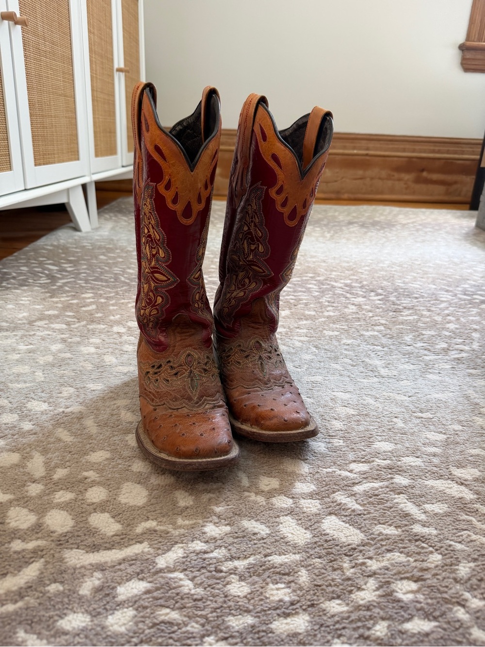 Lucchese Two-Tone Ostrich Brown and Red Leather Cowboy Boots 6.5 Womens